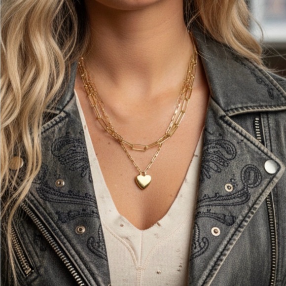 None Jewelry - NWT Double Chain Layered Heart Pendant Charm Necklace Gold